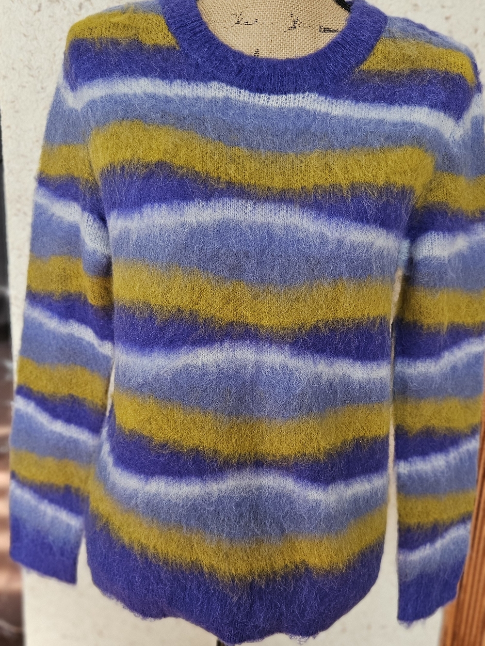 BCBG Fuzzy Striped Crewneck in Purple, Yellow & Light Blue